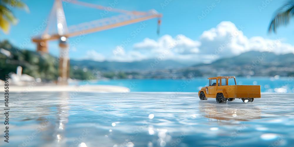 Yellow Truck in Clear Water near Beach Under Clear Sky With Construction Crane on Tropical Island During Daytime