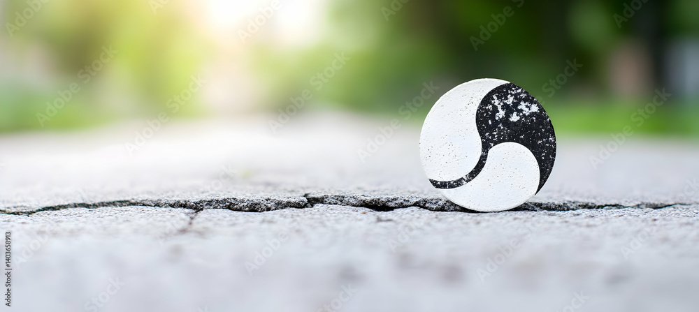 Yin Yang Symbol on Cracked Concrete with Green Bokeh Background Symbolizing Balance and Harmony in Black White Color