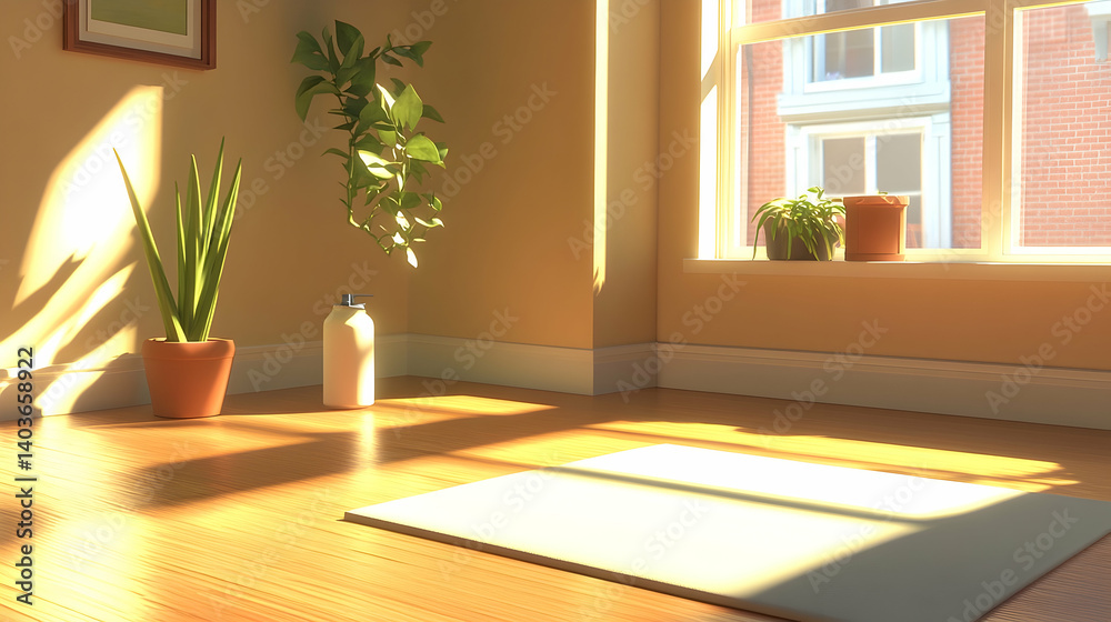 Yoga Mat with Water Bottle and Towel in a Sunlight Filled Room Featuring Potted Plants Beside Window on Wooden Floor