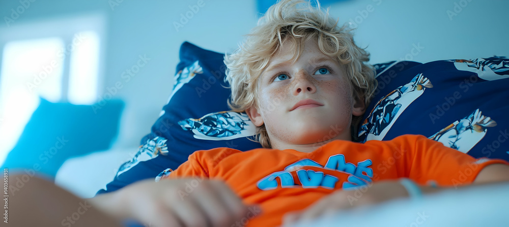 Young Blond Boy Relaxing in Bed With Blue Sheets And Orange Shirt Looking Upwards in Bright Room Indoors