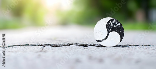 Yin Yang Symbol on Cracked Concrete with Green Bokeh Background Symbolizing Balance and Harmony in Black White Color