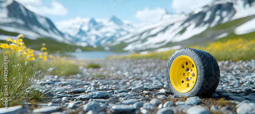Yellow Tire Leaning on Rocks against Snowy Mountain Background in a Sunny Weather