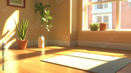 Obraz na płótnie Yoga Mat with Water Bottle and Towel in a Sunlight Filled Room Featuring Potted Plants Beside Window on Wooden Floor w salonie