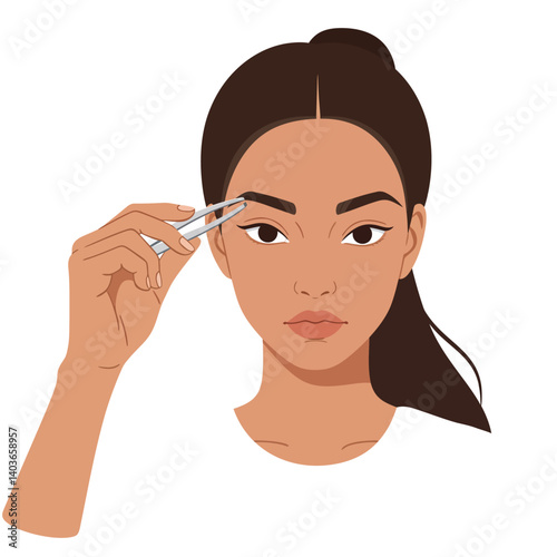 Woman carefully tweezing eyebrows for a polished and defined appearance