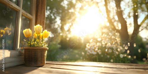 Yellow Tulips in Wicker Pot on Wooden Window Sill with Daisies and Sunlit Garden View