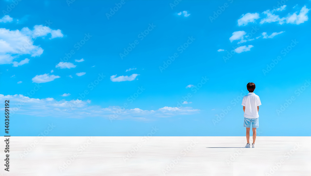 Young Boy Standing on White Surface Under Bright Blue Sky With Clouds