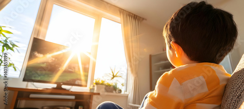 Young Boy Watching Tv at Home Sitting on Sofa During Golden Hour with Sunlight Streaming Through the Window