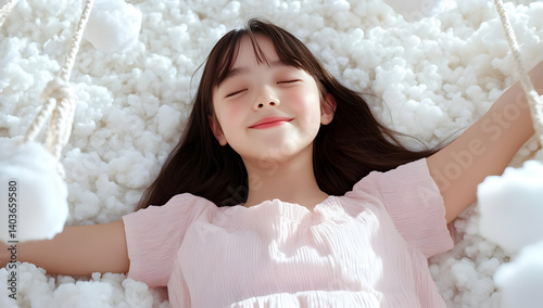 Obraz na płótnie Young Girl Sleeping Peacefully on Fluffy White Clouds in Dreamy Portrait w salonie
