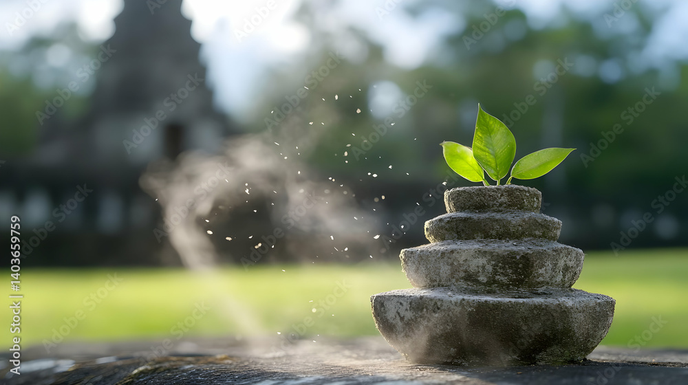 Young Green Leaves Sprouting from Stacked Stones Creating a Sculpture in a Lush Sunny Green Garden