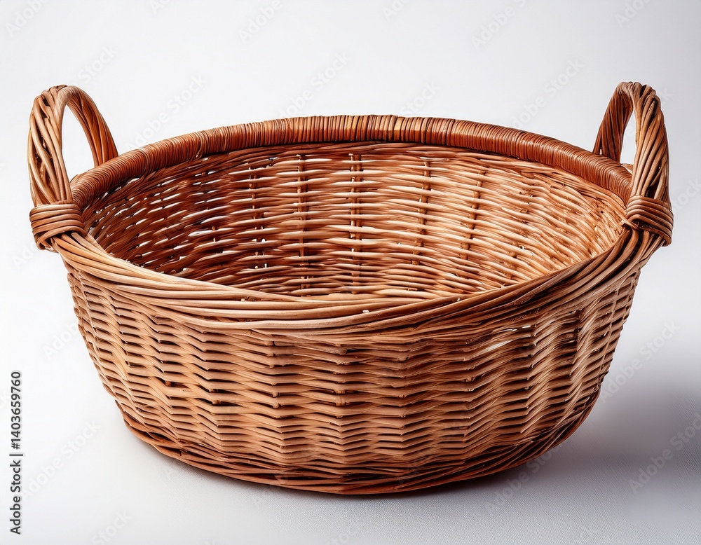 empty wicker basket with handles on a white background perfect for storage or decoration in home interiors and crafts empty wicker basket with handles on a white background perfect for storage or decoration in home interiors and crafts