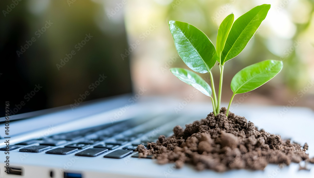 Young Green Plant Growing from Soil on Laptop Keyboard Symbolizing Digital Growth on a Defocused Background
