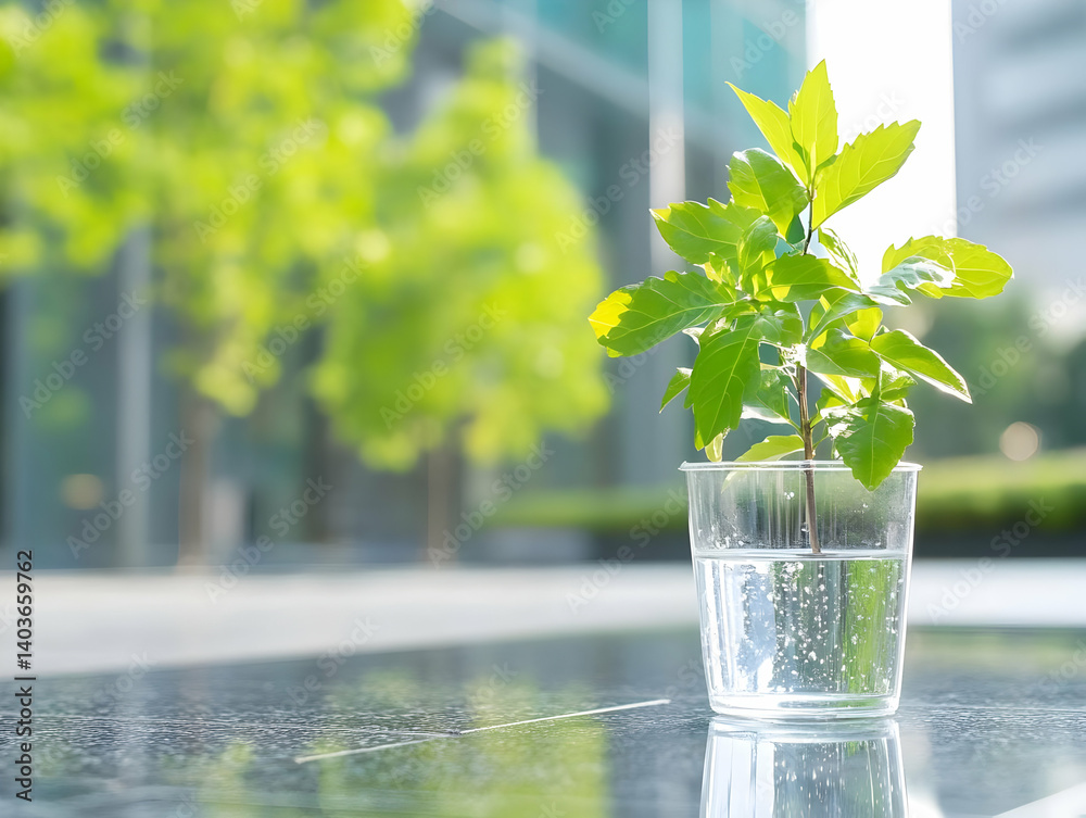 Young Green Plant in Clear Cup Filled With Water Standing on Dark Surface With Blurred Green Trees and Glass Building Background