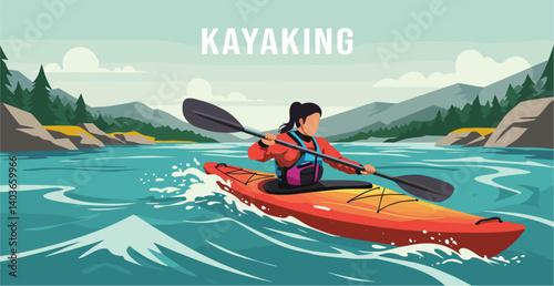 Woman doing kayaking in the river over natural landscape. Colorful illustration banner