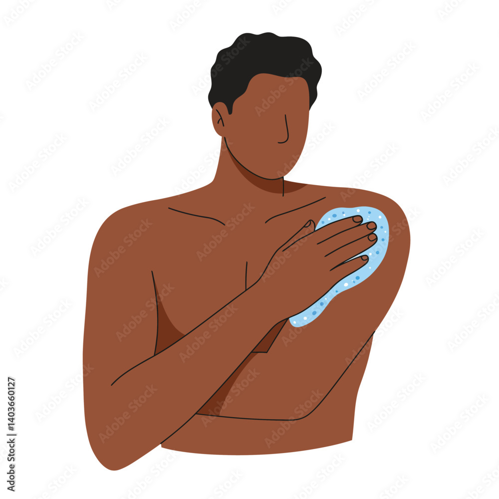 Fototapeta premium Man washing his arm with a blue sponge in a clean environment
