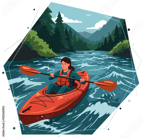Woman doing rafting in kayak in the river. Colorful illustration vector