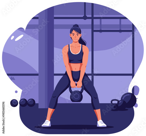 Minimalist flat design illustration of woman lifting kettle bells