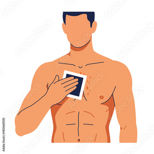 Man applying hair removal product on chest with focused expression and calm demeanor