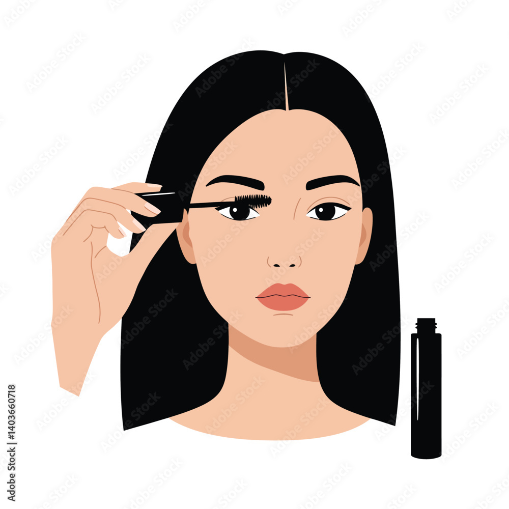 Woman applying mascara for a dramatic eye makeup look in a minimalist style Woman applying mascara for a dramatic eye makeup look in a minimalist style