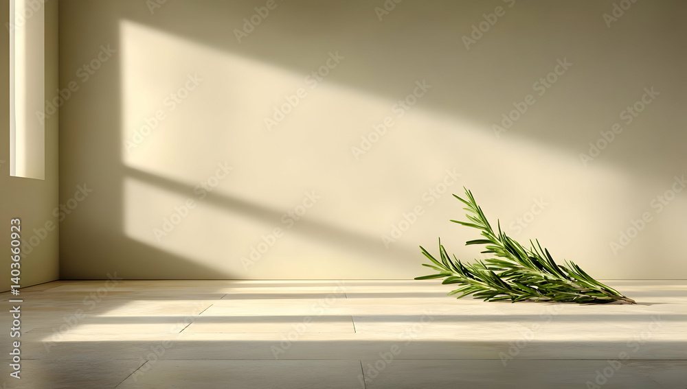 A Green Branch Resting on a Sunlit Beige Floor in a Room with Shadowed Walls