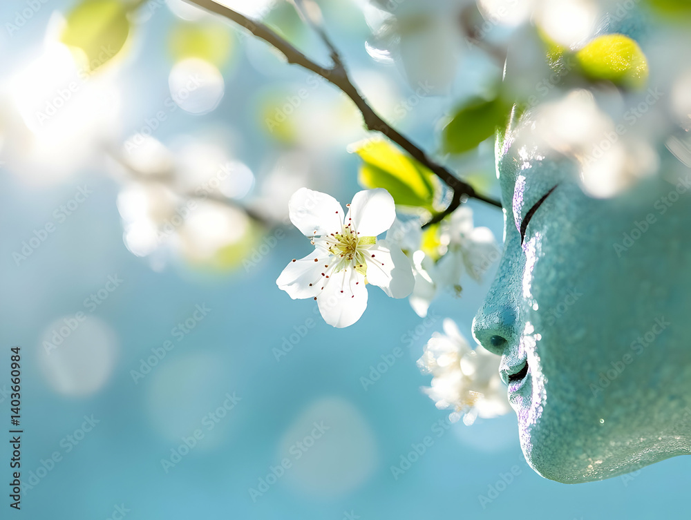 Zen Profile of a Stone Sculpture Amidst Blooming White Flowers in a Soft Blue Background Offering a Sense of Calm