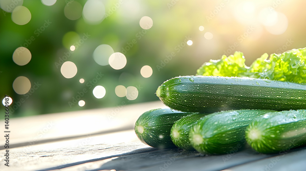 Zucchinis and Lettuce on Wooden Table with Bokeh Sunlight Background