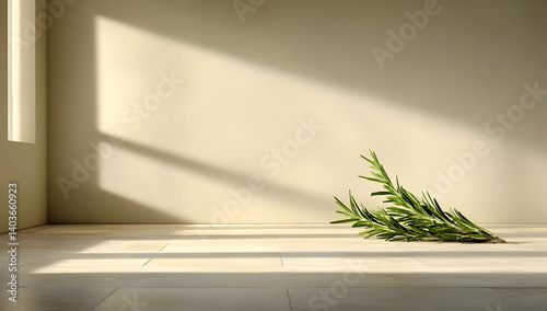 Obraz na płótnie A Green Branch Resting on a Sunlit Beige Floor in a Room with Shadowed Walls w salonie