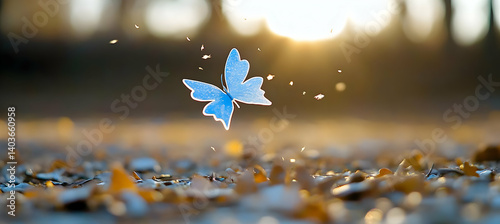 Obraz na płótnie A Blue Maple Leaf Floating Above Ground with Shards and Sunlight w salonie