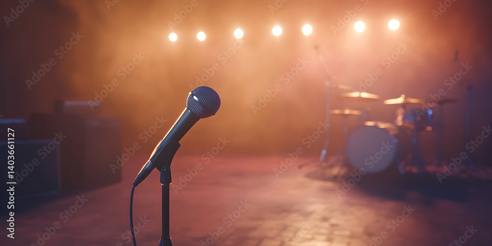 A Retro Microphone on an Illuminated Stage with a Vintage Vibe and a Drum Set in the Back Set in a Dim Light