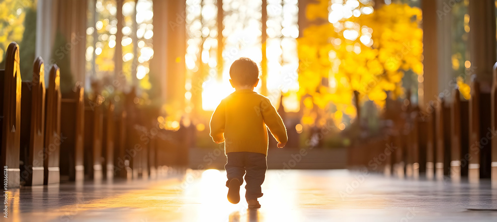 A Young Child Walking Toward Sunlight In Church Interior With Wooden Pews And Windows In Golden Light Wearing Yellow Sweater and Jeans