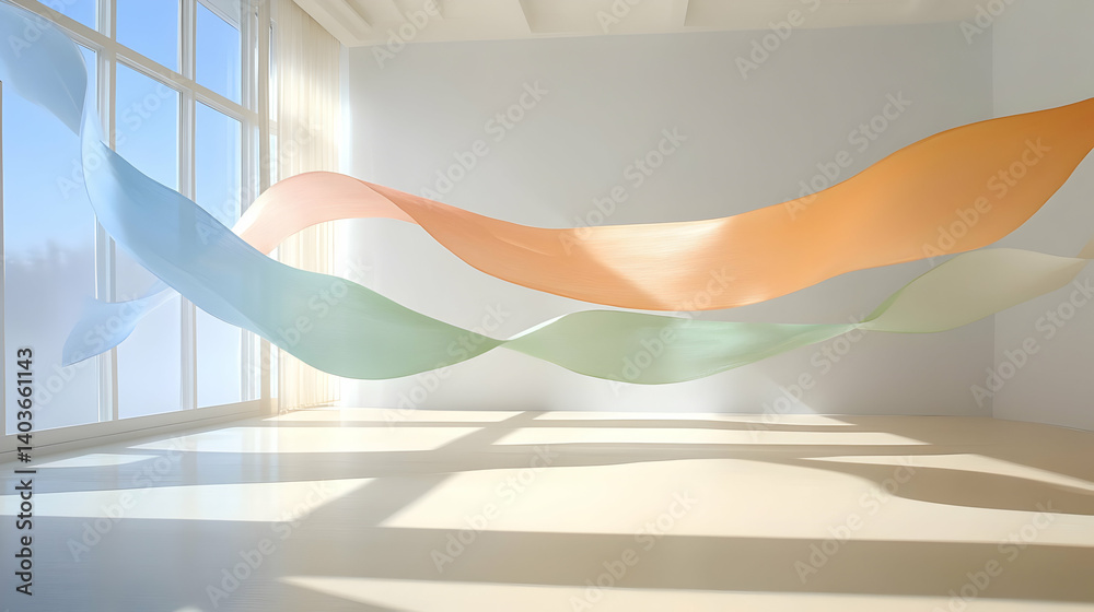 Abstract Art Installation with Geometric Paper Shapes in a White Minimalist Room with Bright Daylight Streaming Through Windows