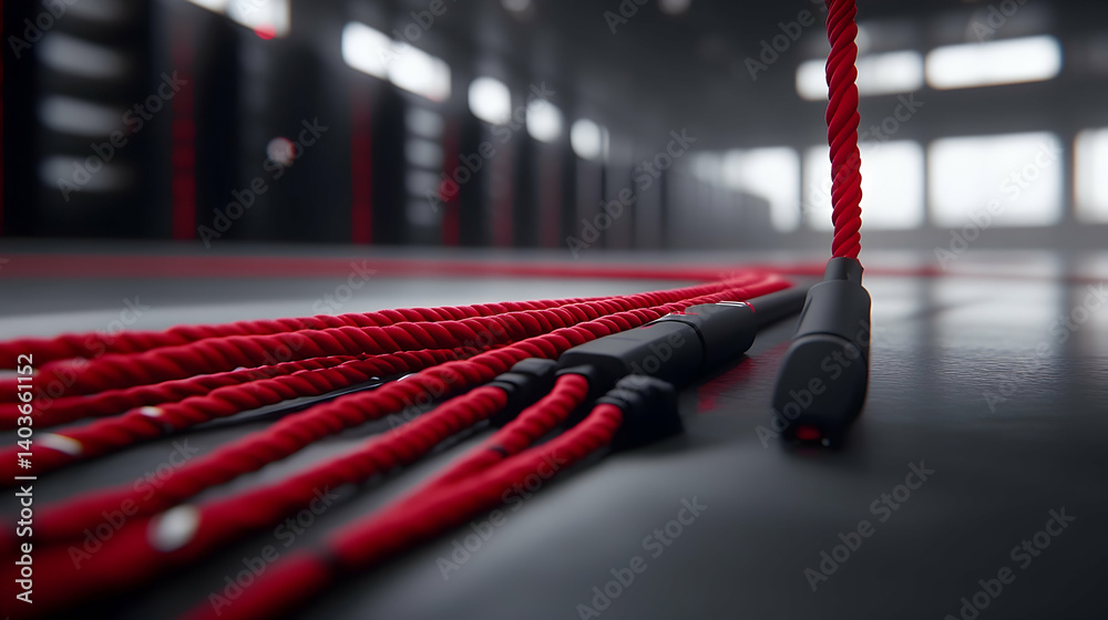 Abstract Arrangement of Red Ropes with Black Connectors on a Dark Reflective Surface in Industrial Setting
