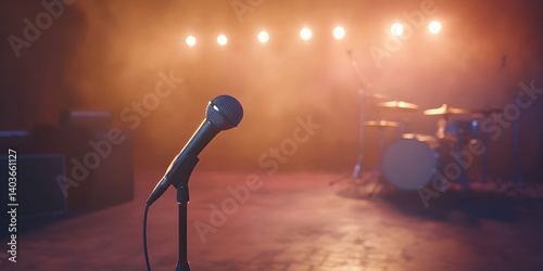 Obraz na płótnie A Retro Microphone on an Illuminated Stage with a Vintage Vibe and a Drum Set in the Back Set in a Dim Light w salonie