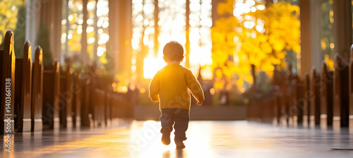 A Young Child Walking Toward Sunlight In Church Interior With Wooden Pews And Windows In Golden Light Wearing Yellow Sweater and Jeans
