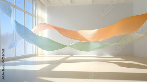 Obraz na płótnie Abstract Art Installation with Geometric Paper Shapes in a White Minimalist Room with Bright Daylight Streaming Through Windows w salonie