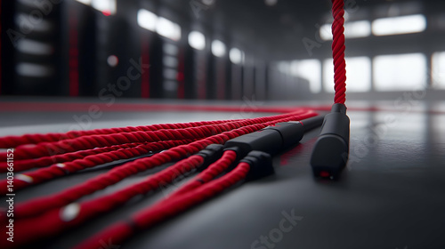 Obraz na płótnie Abstract Arrangement of Red Ropes with Black Connectors on a Dark Reflective Surface in Industrial Setting w salonie