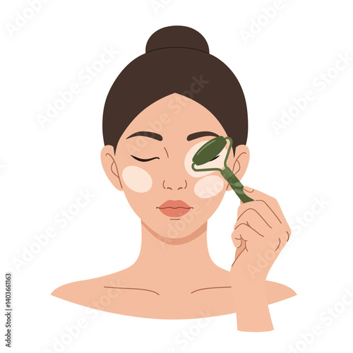 Woman applying skincare with a jade roller to her face in a serene setting