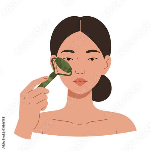 Woman using a facial roller on her skin for beauty treatment and relaxation