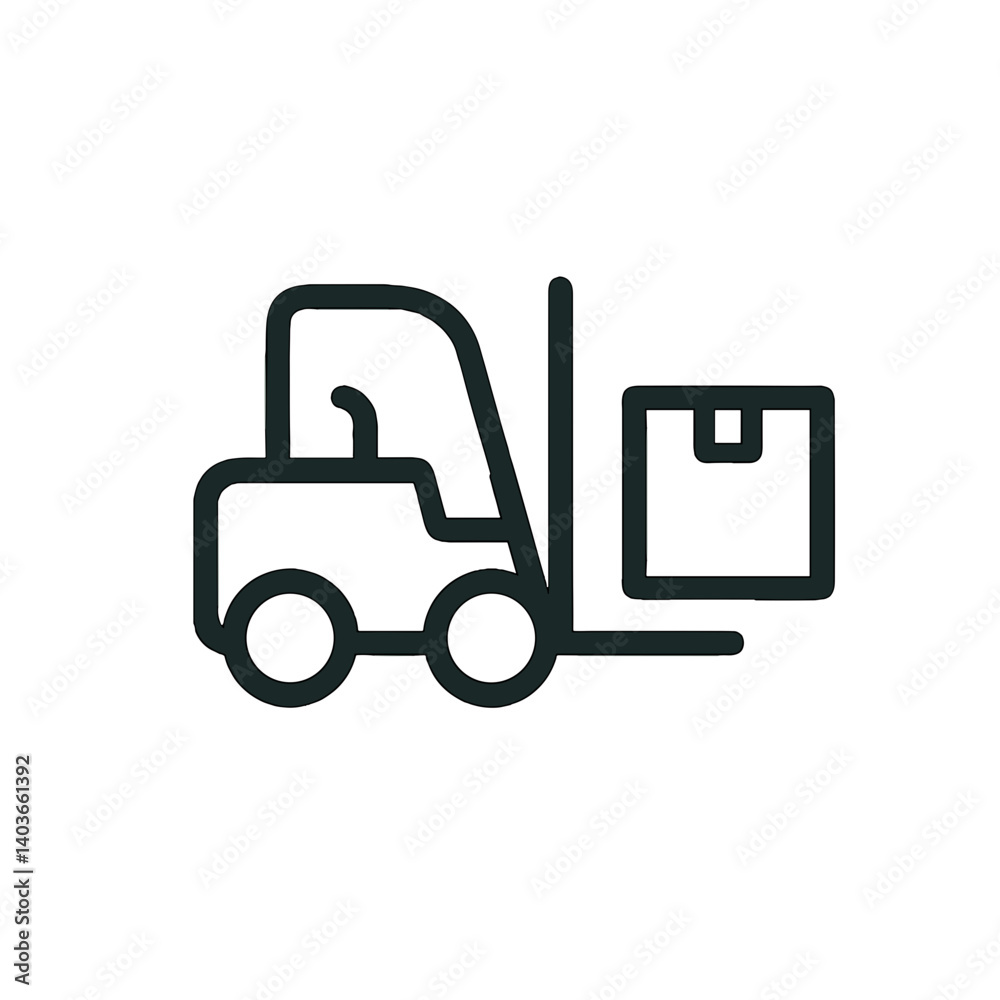 Minimal black line icon of forklift lifting a box, symbolizing warehouse logistics, cargo handling, and industrial transportation Minimal black line icon of forklift lifting a box, symbolizing warehouse logistics, cargo handling, and industrial transportation