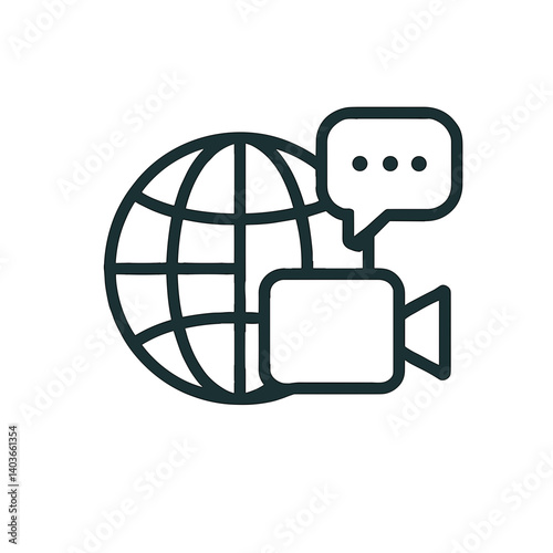 Minimal black line icon of globe, video camera, and speech bubble symbolizing global video communication, online conferencing, and digital meetings