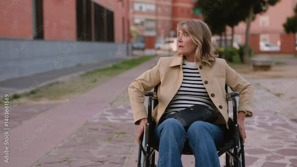 Elderly woman wearing casual clothes sits in a wheelchair and moves along a paved path in an urban setting, demonstrating mobility and independence Elderly woman wearing casual clothes sits in a wheelchair and moves along a paved path in an urban setting, demonstrating mobility and independence