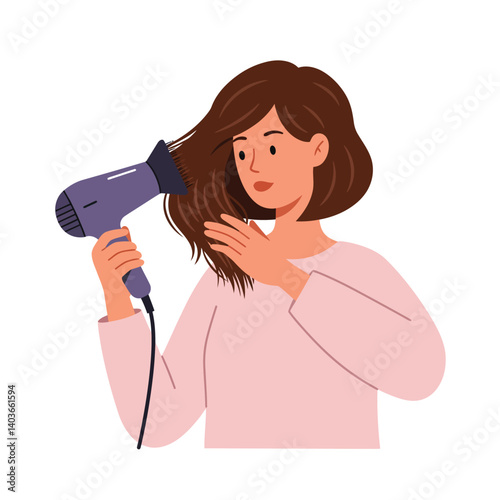 Woman using hair dryer to style her hair in a bright, modern setting