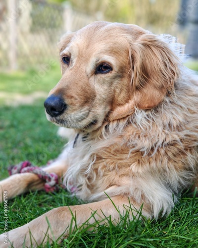 Golden retriever couché dans l'herbe