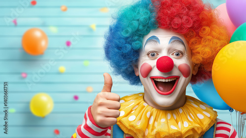 Cheerful clown giving thumbs up against a blue brick wall with colorful balloons and confetti. Festive atmosphere and children's joy. Concept of holiday and birthday.