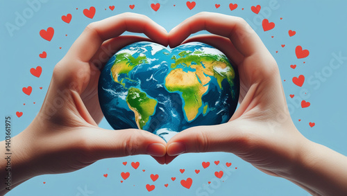 Gentle hands forming a heart around our precious Earth, a symbol of love and care for our planet, surrounded by a shower of hearts against a soft blue backdrop.