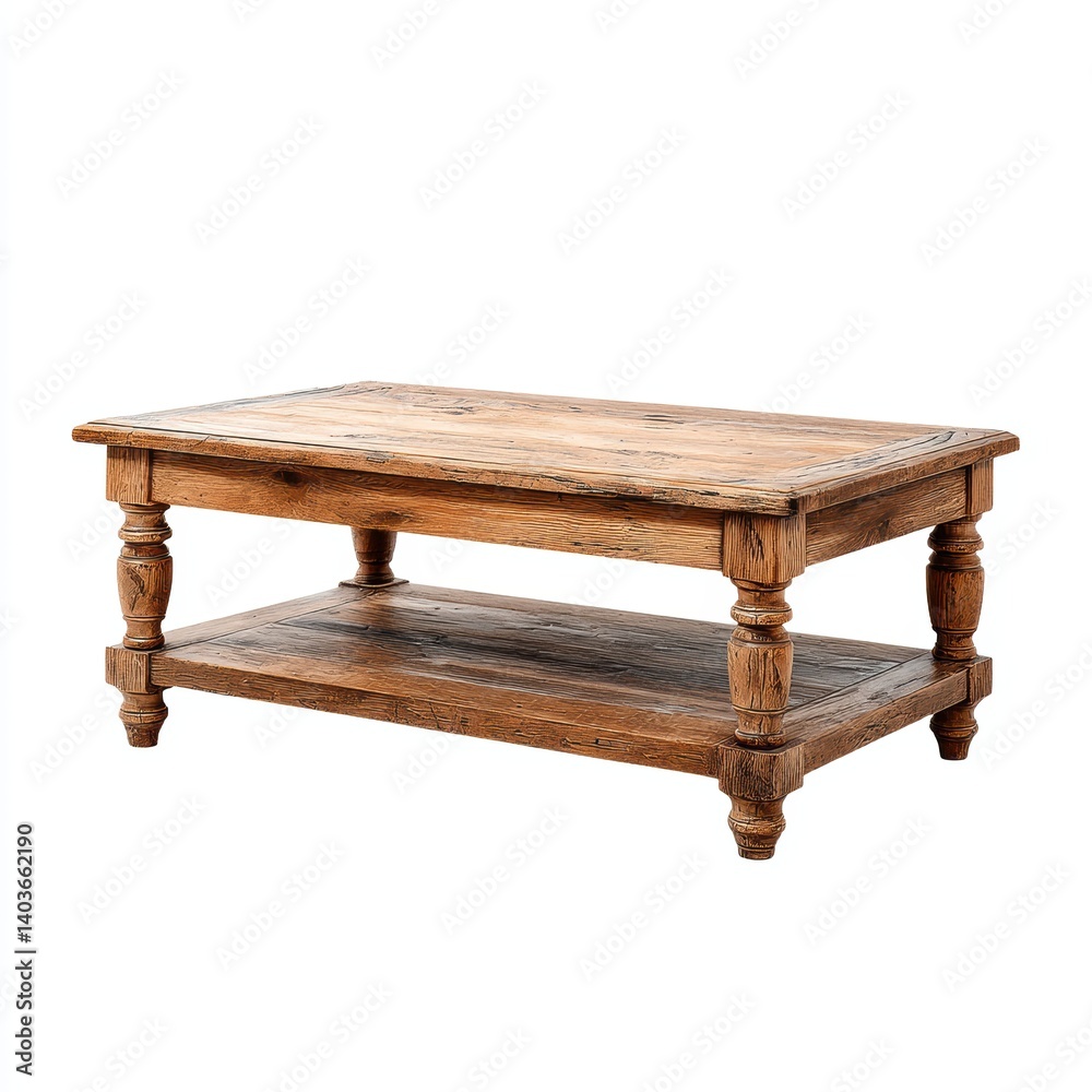 A wooden coffee table with an elegant design. The table has a rectangular top and a lower shelf A wooden coffee table with an elegant design. The table has a rectangular top and a lower shelf