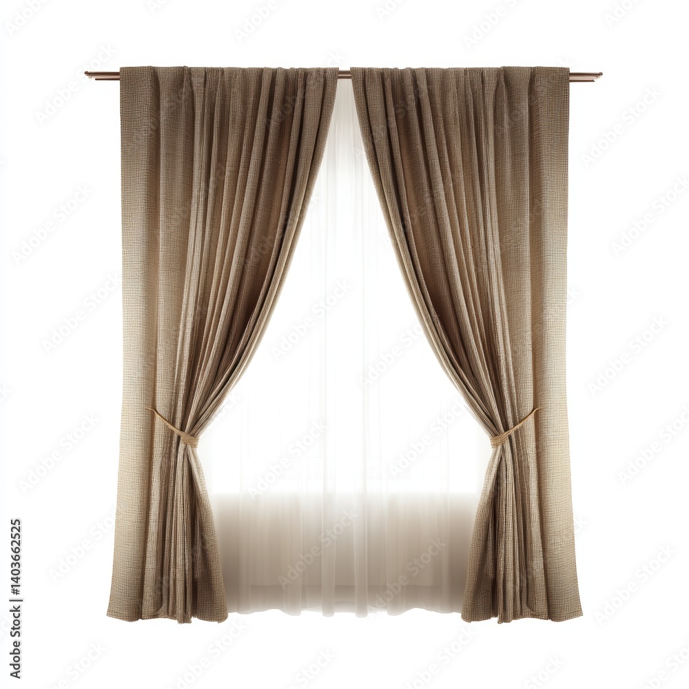 Elegant light brown curtains gracefully framing a window, providing a glimpse of the outside world
