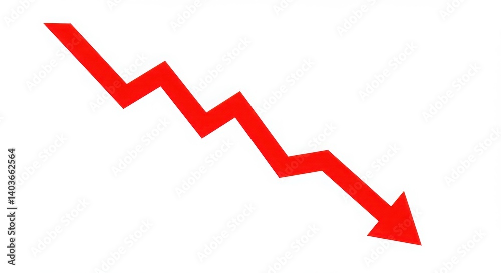 A bold minimalist design of a red downward arrow symbolizing economic decline and financial market drops against a stark white background for impactful visual storytelling A bold minimalist design of a red downward arrow symbolizing economic decline and financial market drops against a stark white background for impactful visual storytelling