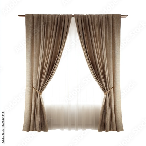 Obraz na płótnie Elegant light brown curtains gracefully framing a window, providing a glimpse of the outside world w salonie