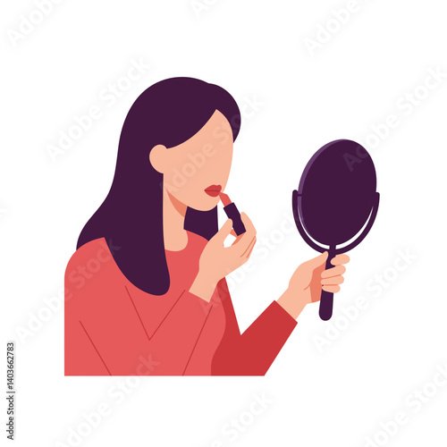 Woman applying lipstick while looking into a handheld mirror with focused expression