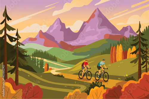 A Mountain biking trail with cyclists on dirt path, lush hills, rocky terrain Illustrator Artwork